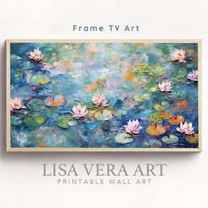 Cadre pour téléviseur - peinture à l'huile numérique Monet style nénuphars, art mural impressionniste nénuphars fleurs, lac texturé 3D art téléchargement