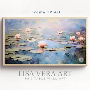 Cadre pour téléviseur - peinture à l'huile numérique Monet style nénuphars, art mural impressionniste nénuphars fleurs, lac texturé 3D art téléchargement