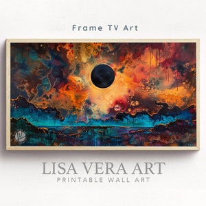 Può includere: Stampa d'arte astratta con un cerchio nero al centro, circondato da colori arancio, giallo e blu. La stampa è incorniciata in una cornice di legno chiaro. Il testo "LISA VERA ART PRINTABLE WALL ART" è sotto la cornice.