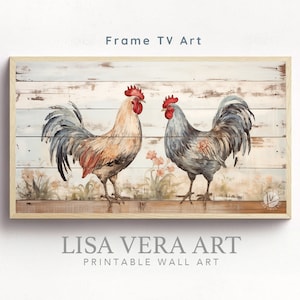 Pode incluir: Uma impressão emoldurada de dois galos em um fundo de madeira desgastada. Os galos estão frente a frente, um é marrom claro e o outro é cinza. A impressão é intitulada "Lisa Vera Art Printable Wall Art".