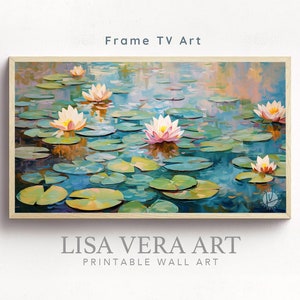 Cadre pour téléviseur - peinture à l'huile numérique Monet style nénuphars, art mural impressionniste nénuphars fleurs, lac texturé 3D art téléchargement