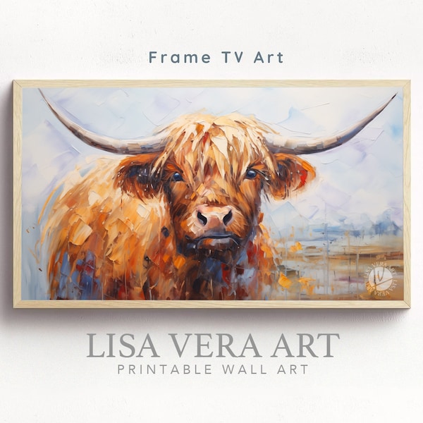 Frame TV Art - Highland Cow Oil Painting Digital Download, Cattle Farm Barn Rustic Art, Farmhouse Country Texas Landscape, Textured Art