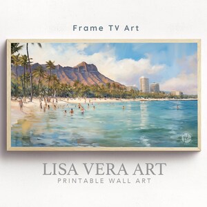 Samsung Frame TV Art Diamond Head Descarga digital, Tropical Honolulu Hawaii Pintura al óleo Jpg, Waikiki Beach Coast Summer Painting Wall Art
