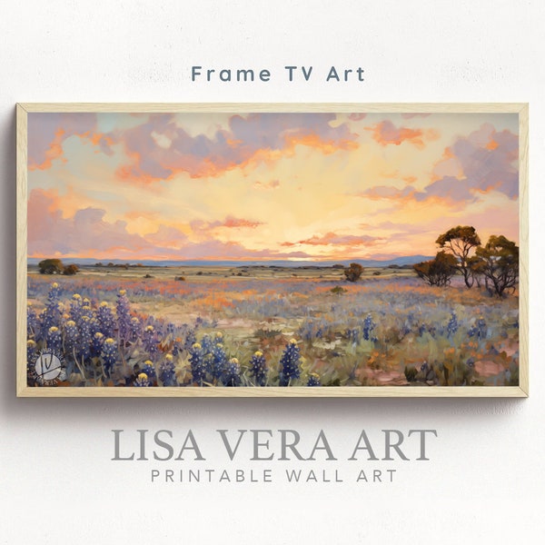 Frame TV Art - Bluebonnet Field Oil Painting Sunset Texas Hill Country Landscape, Wildflowers Digital Download Textured Art for Frame TV