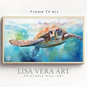 May include: A watercolor painting of a sea turtle swimming underwater. The turtle is brown and green with a light blue background. The painting is framed in a light wood frame.