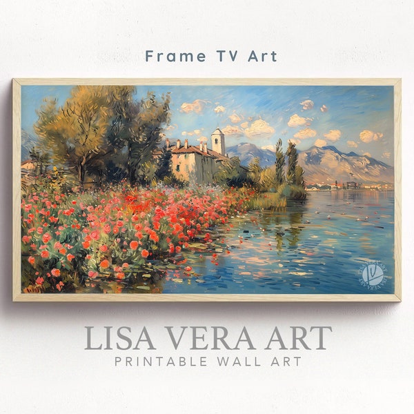 Frame TV Art, Vintage European Coastal Lake Town Digital Oil Painting, Impressionist French Landscape TV Frame Instant Download Screensaver