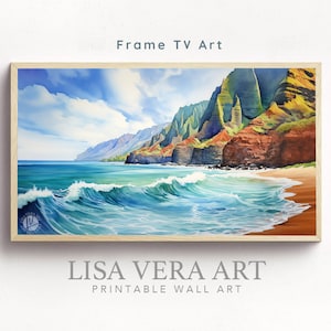 Frame TV Art - Pintura de acuarela digital de la costa de Napali, pintura de paisaje de las montañas de Kauai Hawaii, descarga digital, arte tropical Frame TV