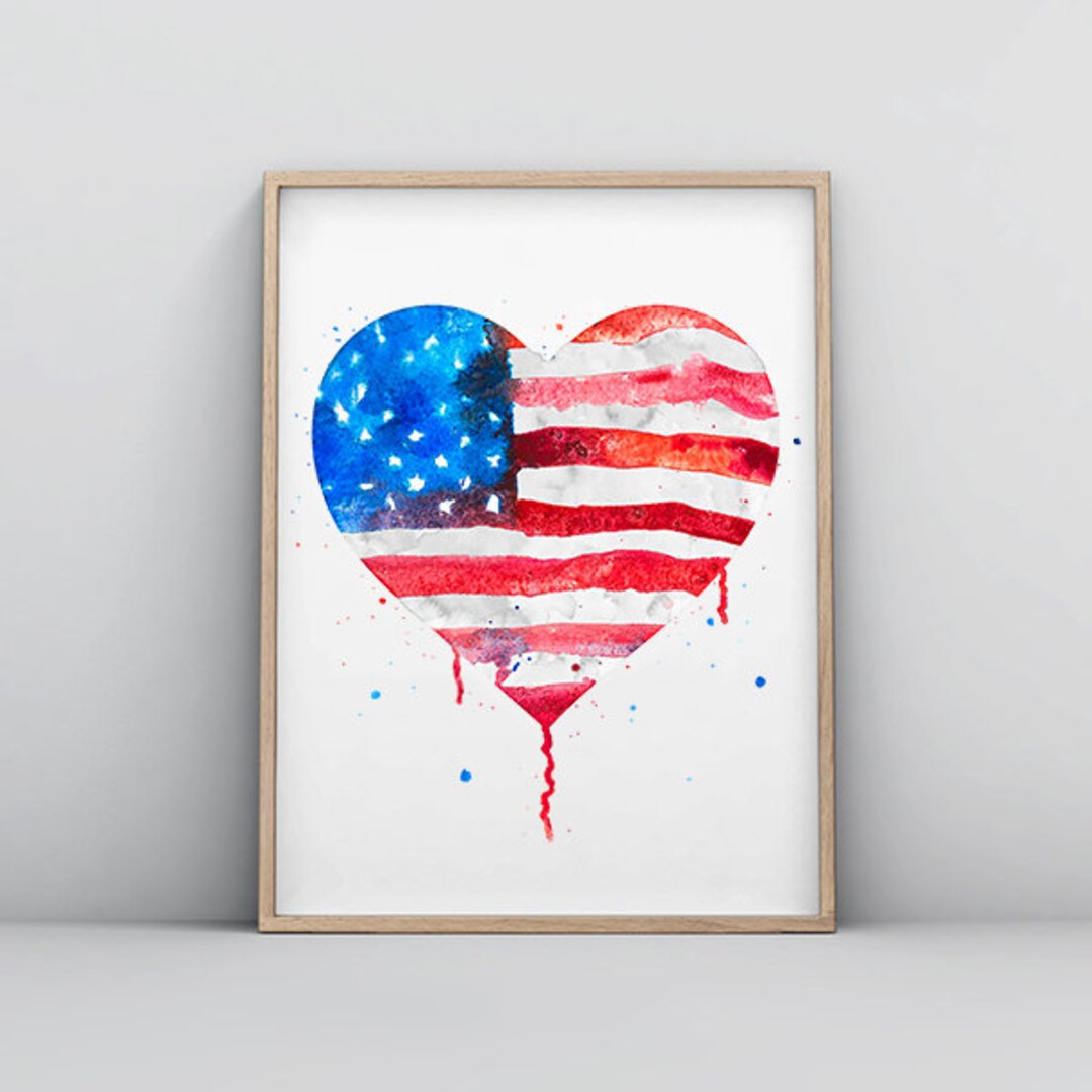 USA American PRINTABLE Watercolor Painting Heart Flag - 4th of July ...