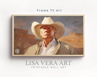 May include: Framed digital art print featuring a portrait of a person wearing a cowboy hat and a jacket. The artwork has a warm color palette with desert landscape elements. The text "Frame TV Art" and "LISA VERA ART PRINTABLE WALL ART" are visible.