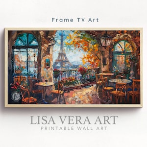 Samsung Art TV Frame, Cafe in Paris Digital Impressionism Oil Painting, Paris France Eiffel Tower TV Frame Art Instant Download Screensaver