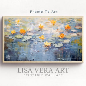 Cadre pour téléviseur - peinture à l'huile numérique Monet style nénuphars, art mural impressionniste nénuphars fleurs, lac texturé 3D art téléchargement