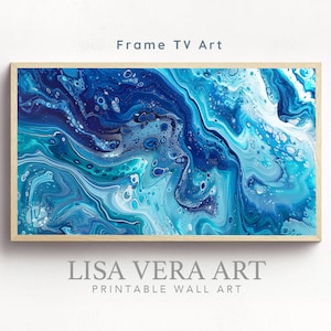 Könnte beinhalten: Abstraktes blaues und weißes Marmorbild in einem Holzrahmen. Das Bild ist mit "Lisa Vera Art Printable Wall Art" betitelt.