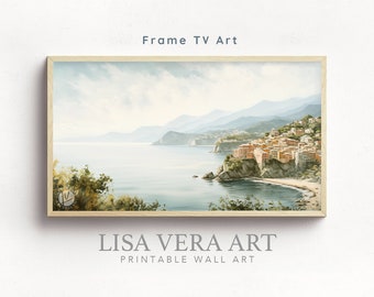 Samsung Art TV Frame, Cinque Terre Italy Digital Oil Painting, Italian Coastal Town Landscape TV Frame Instant Download, Neutral Screensaver