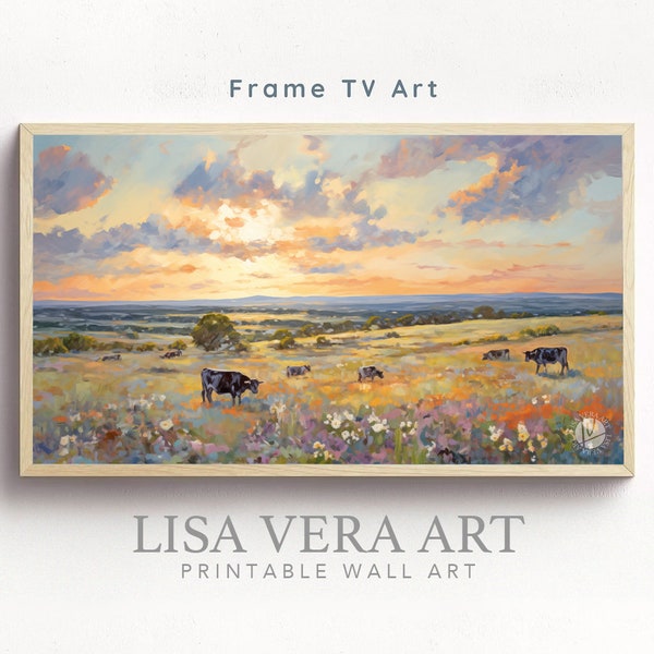 Frame TV Art - Grazing Cows Oil Painting Digital Download, Farm Barn Rustic Art, Farmhouse Country Sunset Texas Landscape, Textured Art