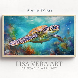 Samsung Frame TV Art Green Sea Turtle, Ocean Underwater Painting Digital Download, Summer Tropical Art Frame TV Colorful Tropical Tones
