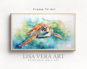 Samsung Frame TV Art Green Sea Turtle, Ocean Underwater Painting Digital Download, Summer Tropical Art Frame TV Colorful Watercolor Painting