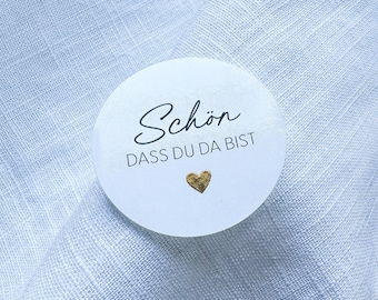 Aufkleber „Schön dass du da bist“ | Aufkleber Gastgeschenk | Aufkleber Hochzeit | Gastgeschenk Hochzeit | Herz Gold | 4,5 cm