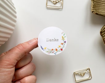Sticker Thank You Gold, colorful flowers, sticker gift, 5 cm