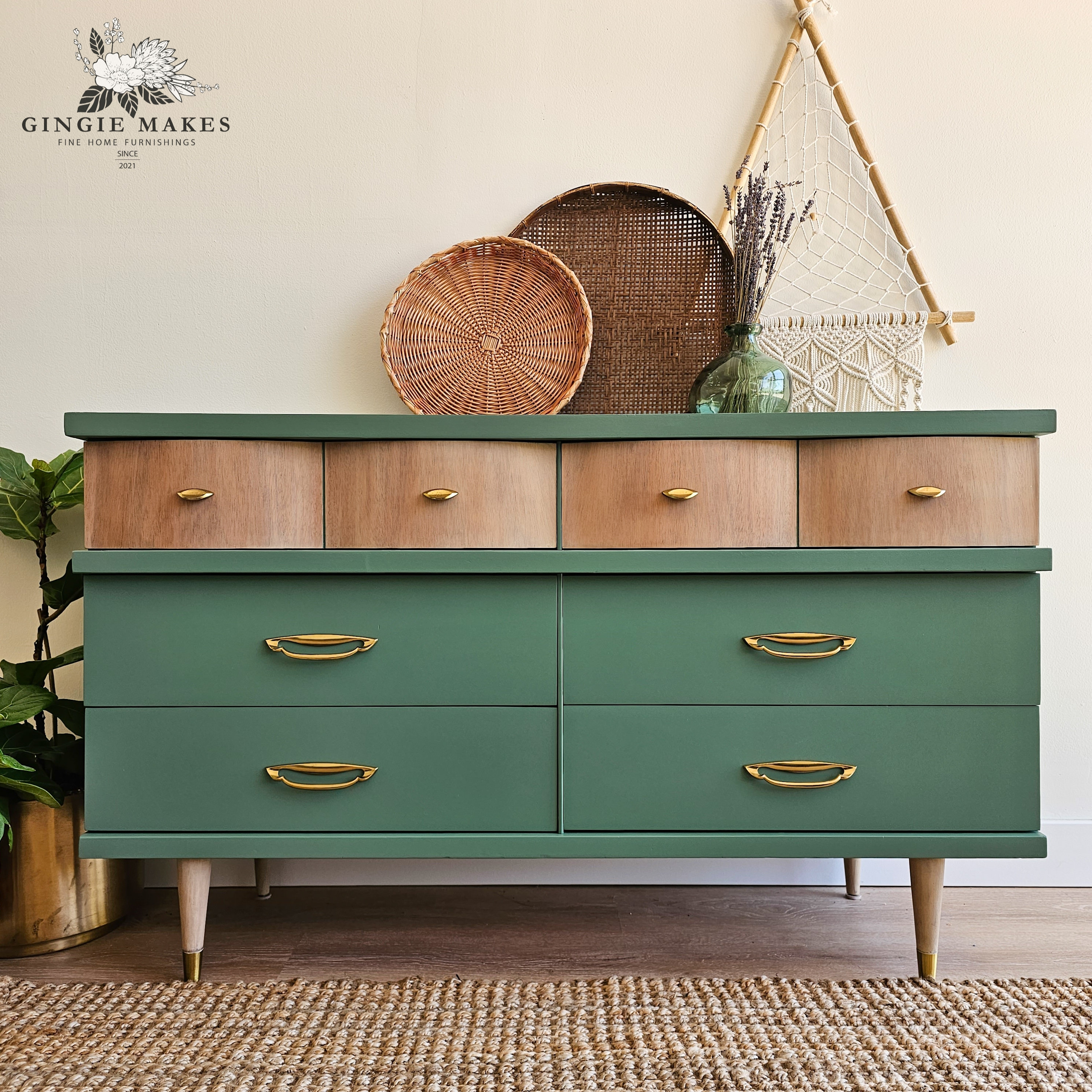Refinished Green Mid century Modern Dresser please Read ENTIRE
