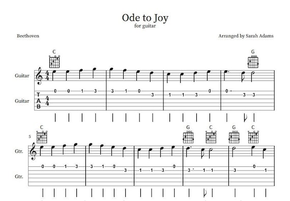 Ode to Joy Easy Guitar Tab Etsy