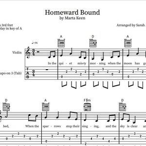 Può includere: Sparttitura musicale per la canzone "Homeward Bound" di Marta Keen, arrangiata da Sarah Adams. La musica include tablature di chitarra e note di violino. Il testo include "In the quiet misty morning when the moon has gone to" e "When the sparrows stop their singing, and the sky is clear and".