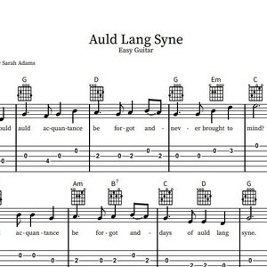Puede incluir: Una partitura musical para guitarra fácil de la canción "Auld Lang Syne". La partitura incluye letras y diagramas de acordes para cada acorde.