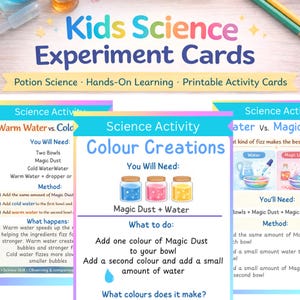 May include: Colorful "Kids Science Experiment Cards" with "Potion Science" and "Hands-On Learning" text. The cards feature science activities like "Colour Creations" with instructions and illustrations of mixing magic dust and water.