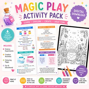 Könnte beinhalten: Ein Magic Play Activity Pack als digitaler Download mit Anleitungen für wissenschaftliche Experimente, einer Malvorlage auf einem Tablet und Buntstiften. Der Text enthält Magic Play Activity Pack, Digital Download, Colour Creations, Water vs. Magic Liquid und Bonus Colouring Page.
