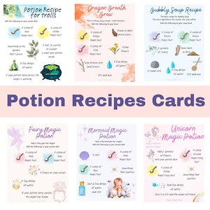 May include: A collection of potion recipe cards with illustrations and handwritten text. Recipes include ingredients like magic dust, leaves, and flowers. The cards are titled "Potion Recipes Cards" and feature recipes for trolls, fairies, mermaids, and unicorns.
