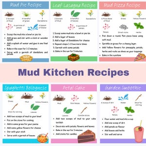 Tarjetas imprimibles de recetas de cocina de barro, descarga digital, actividad al aire libre para niños, idea de regalo, juego sensorial, regalo educativo Montessori.