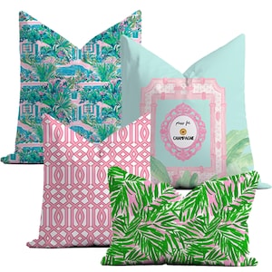Cabana Confidential Throw Pillow Set: Cabana Oasis, Press for Champagne Aqua, Pink Palm Beach Trellis, Frond Frenzy