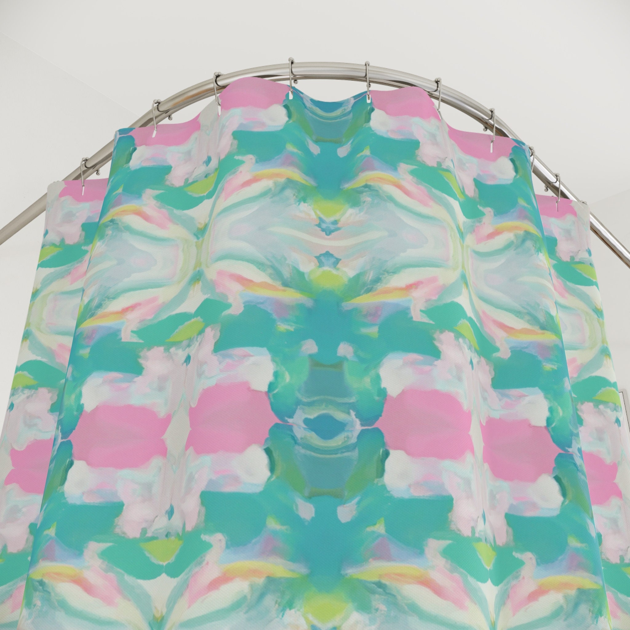 Watercolor Shower Curtain, Pink, Aqua, Lime, Fabric Shower Curtain
