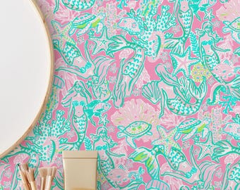 Mermaid Mirage Wallpaper, Peel and Stick, Removable, Vibrant Tropical, Underwater Life, Palm Beach, Preppy, Pink, Green, Aqua