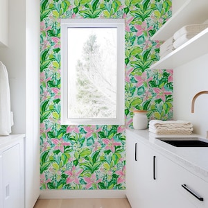 Petal Paradise Wallpaper, Peel and Stick, Removable, Vibrant Tropical Floral, Palm Beach, Preppy, Pink, Green, Aqua