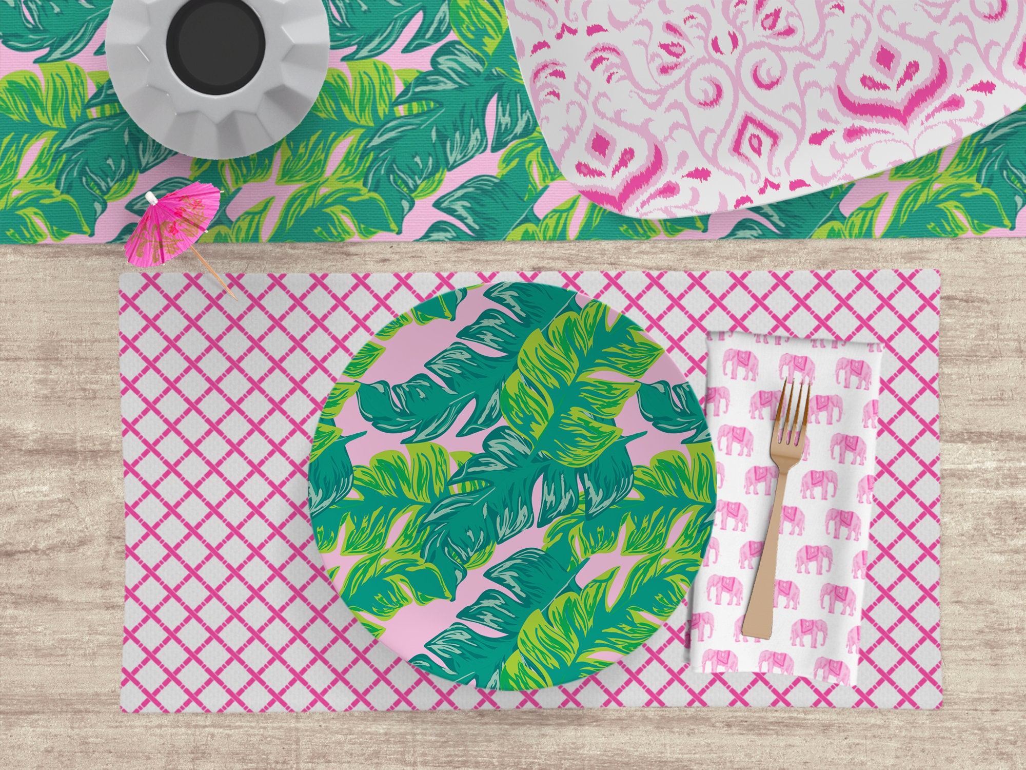 Tropical Dinnerware Set Palm Dinner Plate Elephant Fabric Etsy