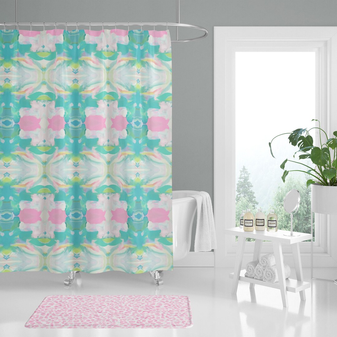 Watercolor Shower Curtain, Pink, Aqua, Lime, Fabric Shower Curtain