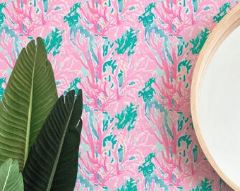 Coral Couture Wallpaper, Peel and Stick, Removable, Vibrant Tropical, Coral, Palm Beach, Preppy, Pink, Green, Aqua, Ocean