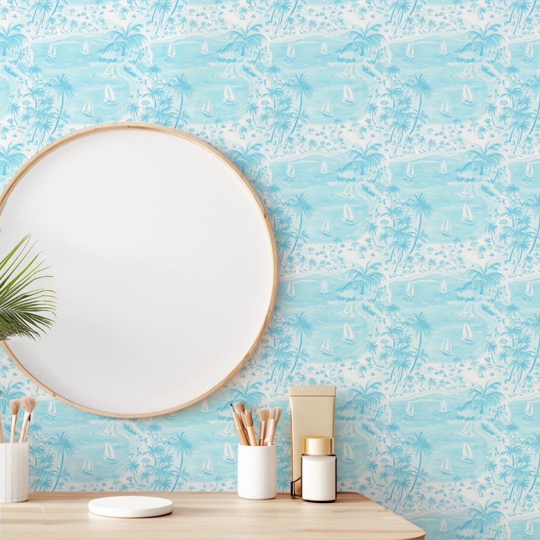 Sea Breeze Sketch Wallpaper: Blue Tropical Palm Beach Peel and Stick - Etsy