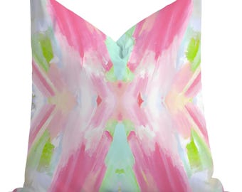 Palm Beach Watercolor Throw Pillow, Preppy Home Decor, Modern, Abstract, Couch Pillow, Cover, Lumbar Pillow, Euro Sham, Pink, Lime, Aqua