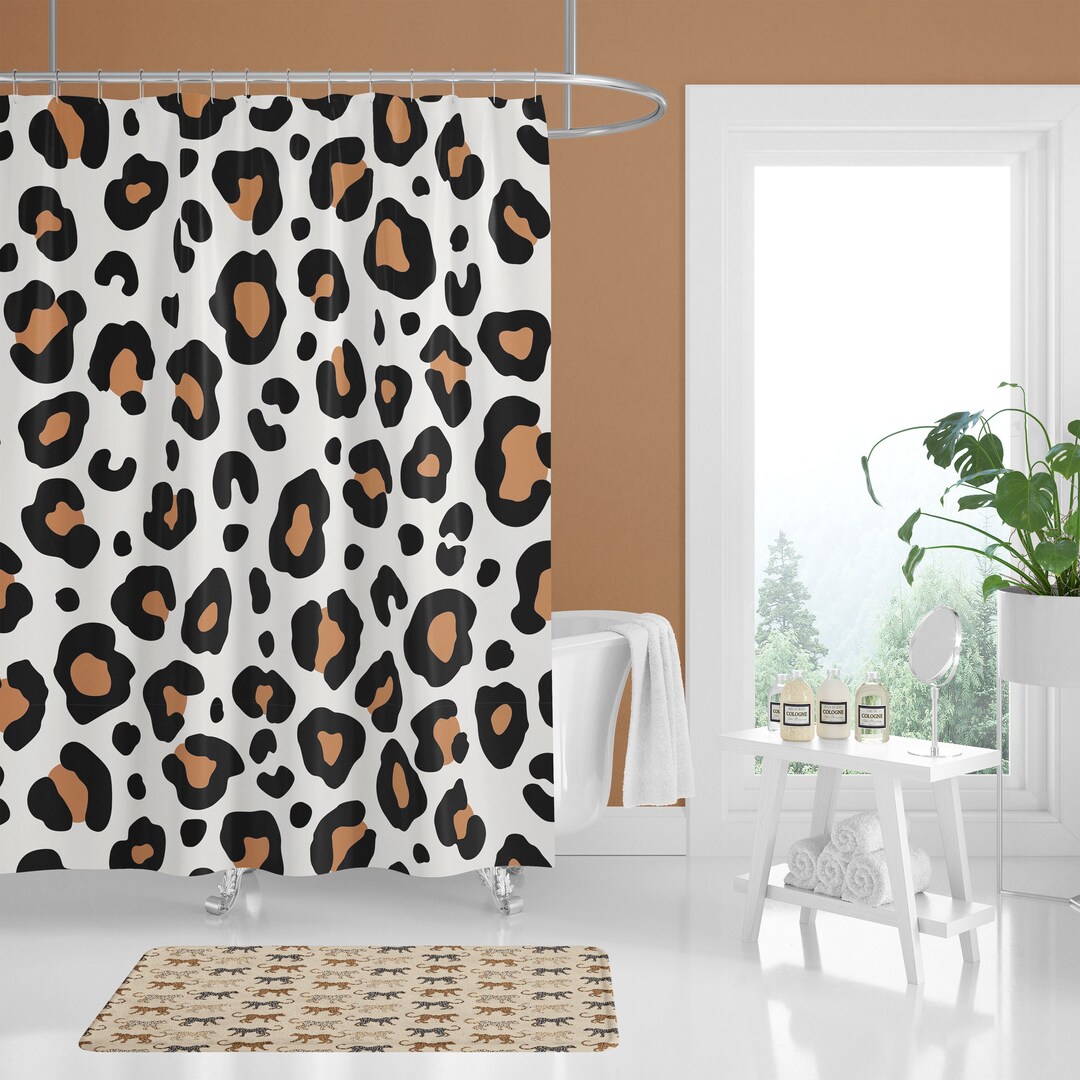 Leopard Print Fabric Shower Curtain Cheetah Bathmat Jungle Etsy