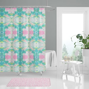 Watercolor Fabric Shower Curtain & Memory Foam Bathmat: Pink Aqua Lime Bathroom Decor
