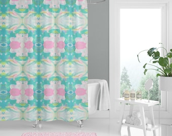 Watercolor Shower Curtain, Pink, Aqua, Lime, Fabric Shower Curtain, Memory Foam Bathmat, Preppy Bathroom Decor, Modern Bathroom, Pretty