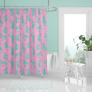 Pink and Aqua Tiger Shower Curtain, Fabric Shower Curtain, Memory Foam Bathmat, Preppy Bathroom Decor, Modern Bathroom, College Girl, Teen