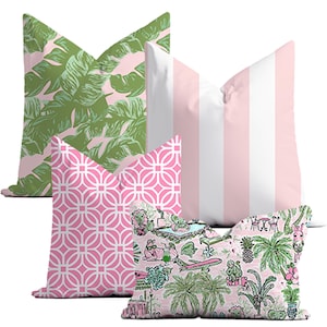 Cabana Confidential Throw Pillow Set: Cabana Oasis, Press for Champagne Aqua, Pink Palm Beach Trellis, Frond Frenzy