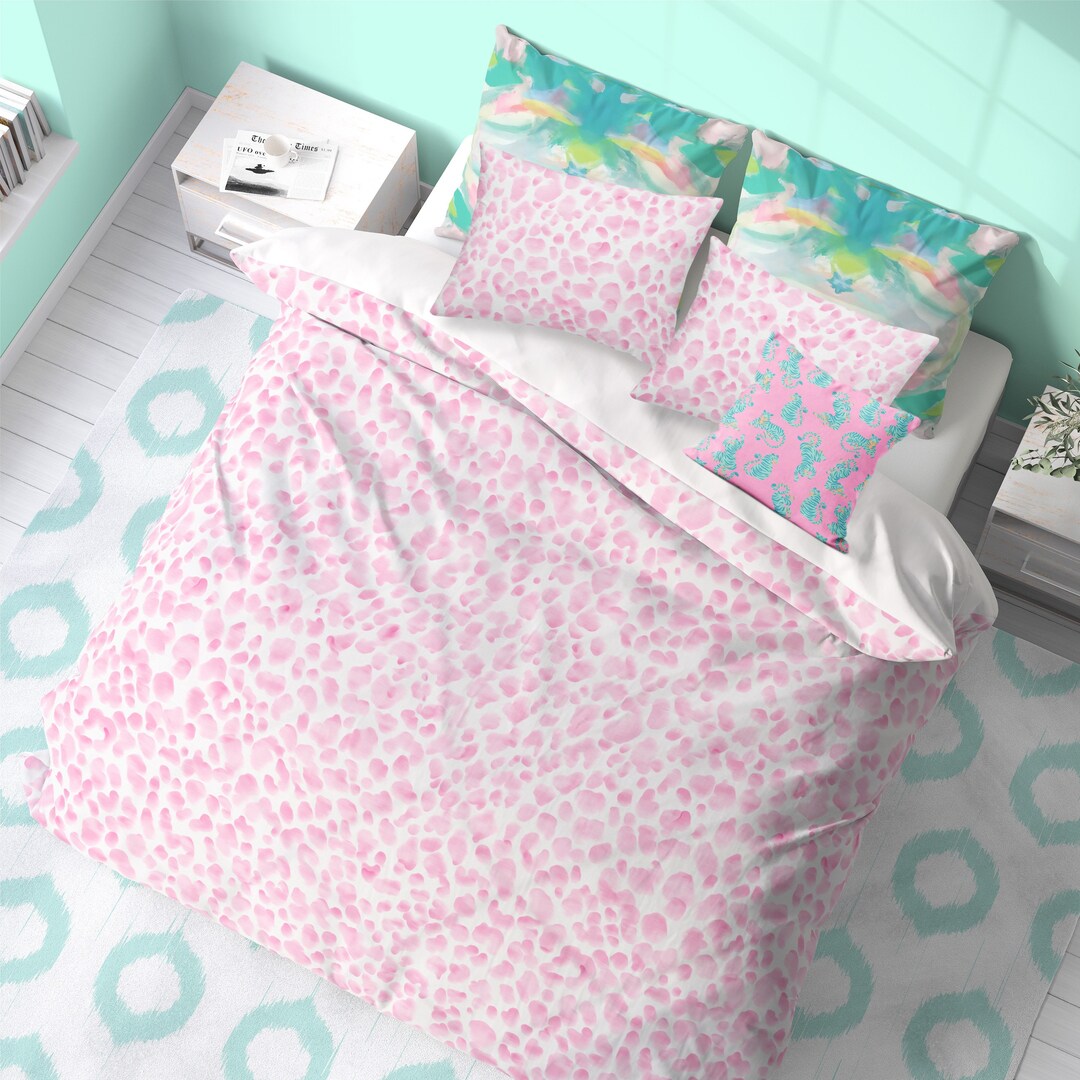 Pink Leopard Print Bedding Set Cheetah Duvet Cover, Euro Sham