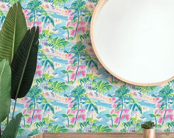 Papel pintado autoadhesivo Tropical Palm Beach: diseño costero en rosa y verde.