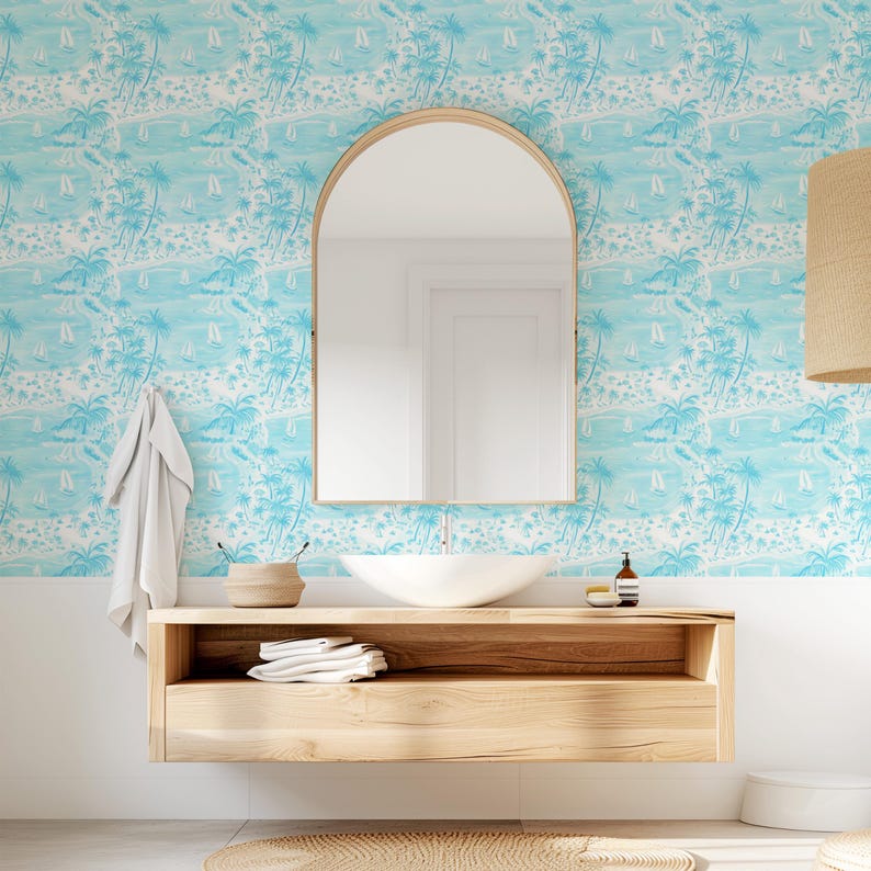 Sea Breeze Sketch Wallpaper: Blue Tropical Palm Beach Peel and Stick - Etsy