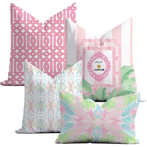 Cabana Confidential Throw Pillow Set: Pink Palm Beach Trellis, Press for Champagne, Soiree Confetti, Cabana Abstract