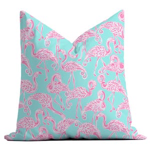 Flock Party Throw Pillow, Preppy Home Decor, Flamingo Decor, Couch Pillow, Cover, Lumbar Pillow, Euro Sham, Pink, Aqua, Palm Beach Chic