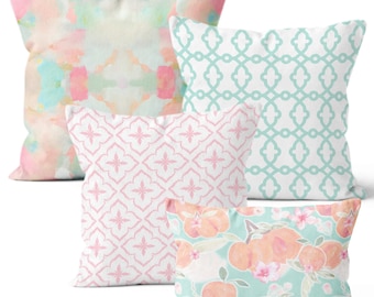Savannah Watercolor Throw Pillow, Impressionist, Abstract, Preppy Home Decor, Peach, Pink, Aqua, Trellis, Coastal, Georgia Peaches, Southern